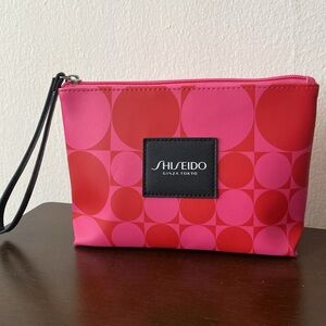 Shiseido Pink and Red Leather Cosmetic Makeup Bag with Black Wristband
